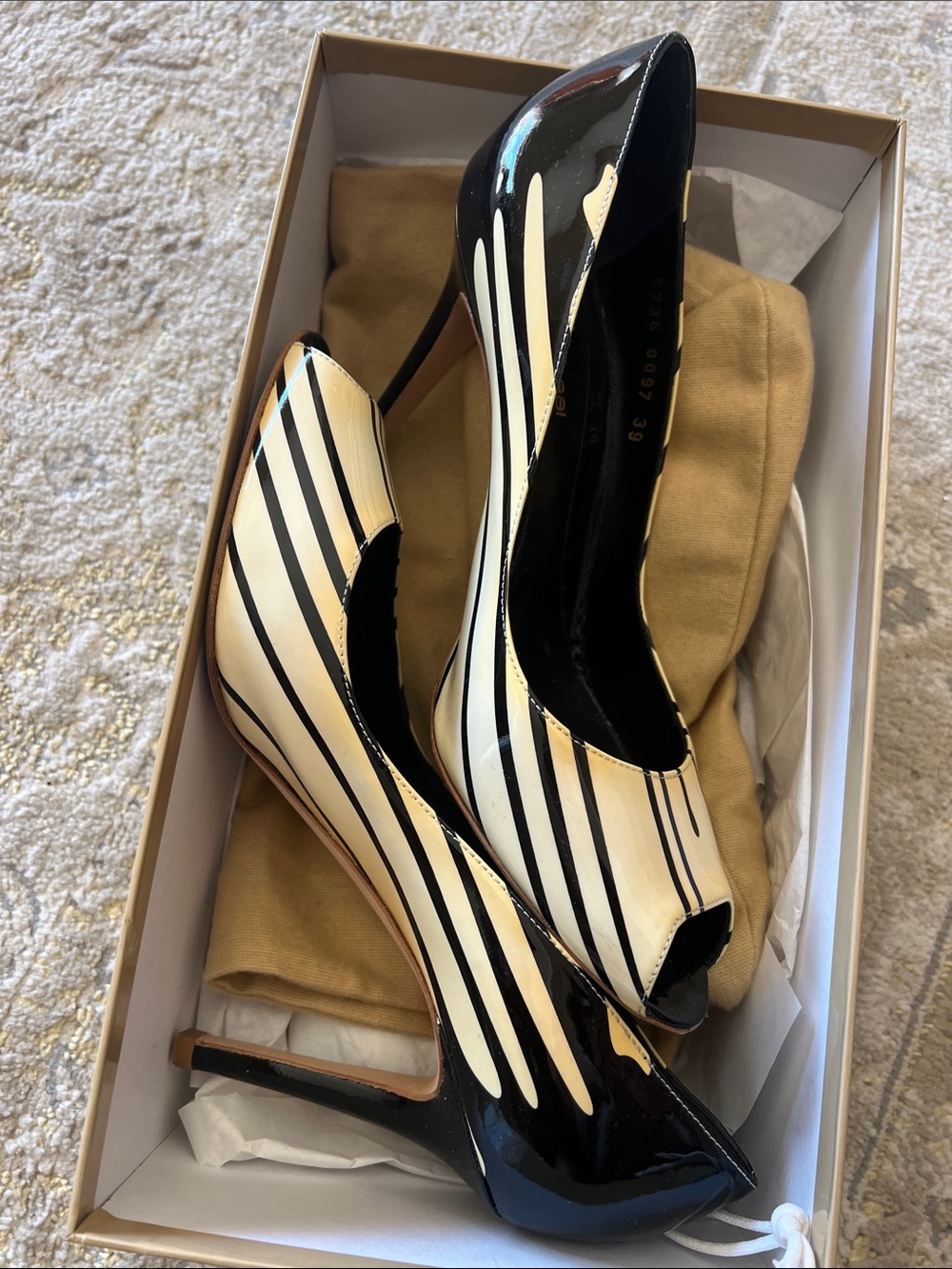 Sergio Rossi Black and Cream Striped Peep-Toe Pumps